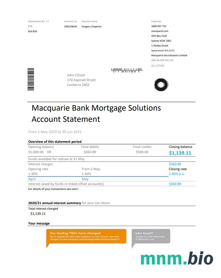 Australia Macquaire dowód adresu szablon wyciągu bankowego w formacie Word i PDF